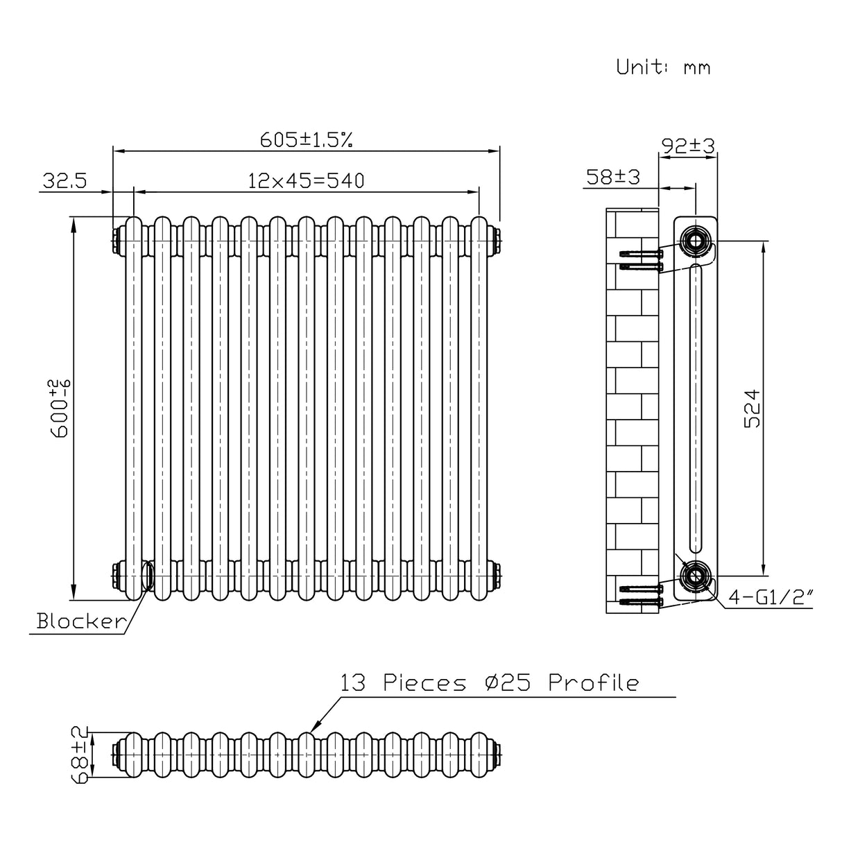 Traditionell 2-kolumnsradiator med ventiler – 600 x 605 mm – Råmetall