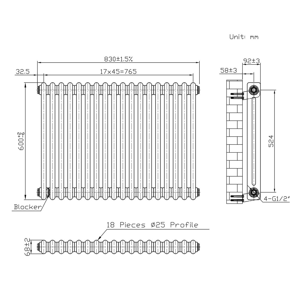 Traditionell 2-kolumnsradiator med ventiler – 600 x 830 mm – Råmetall