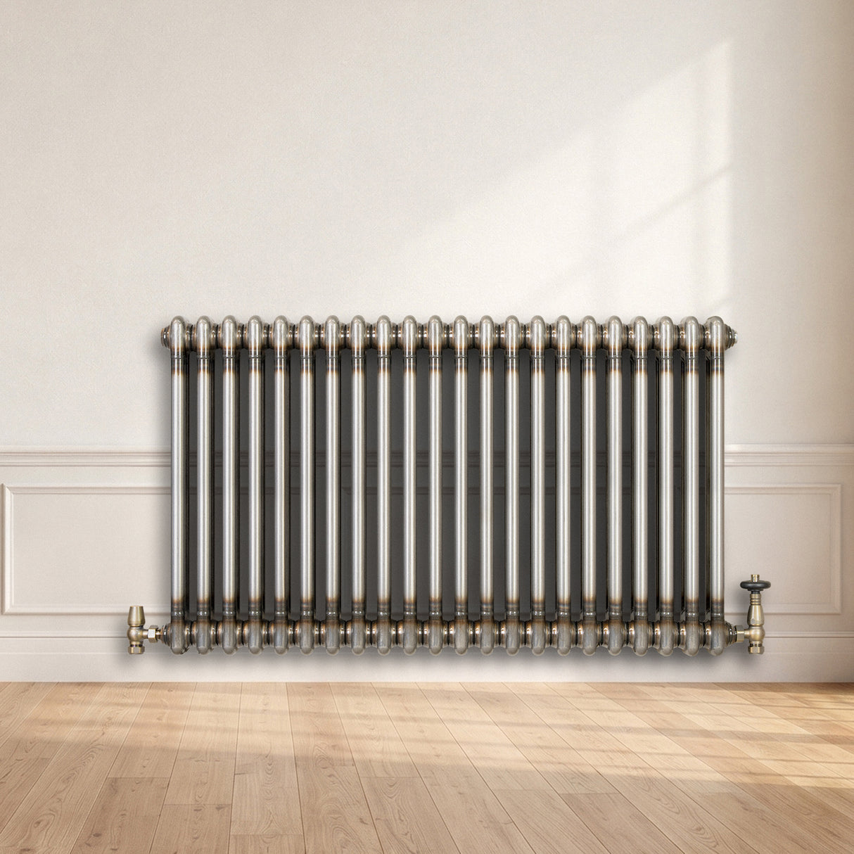 Traditionell 2-kolumnsradiator med ventiler – 600 x 1010 mm – Råmetall