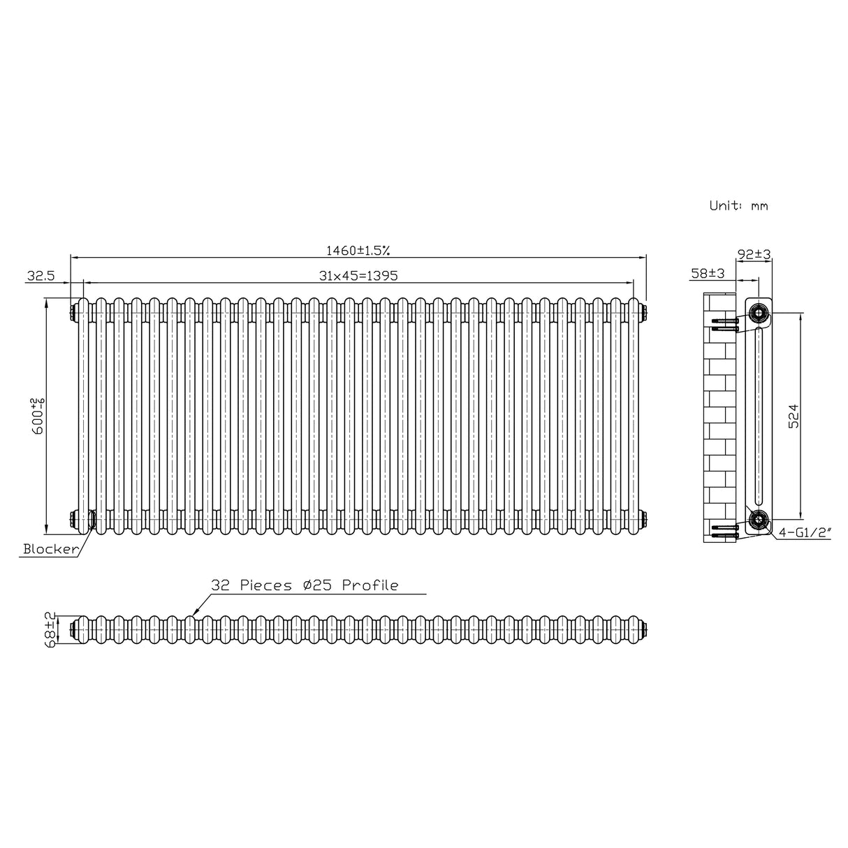 Traditionell 2-kolumnsradiator med ventiler – 600 x 1460 mm – Råmetall