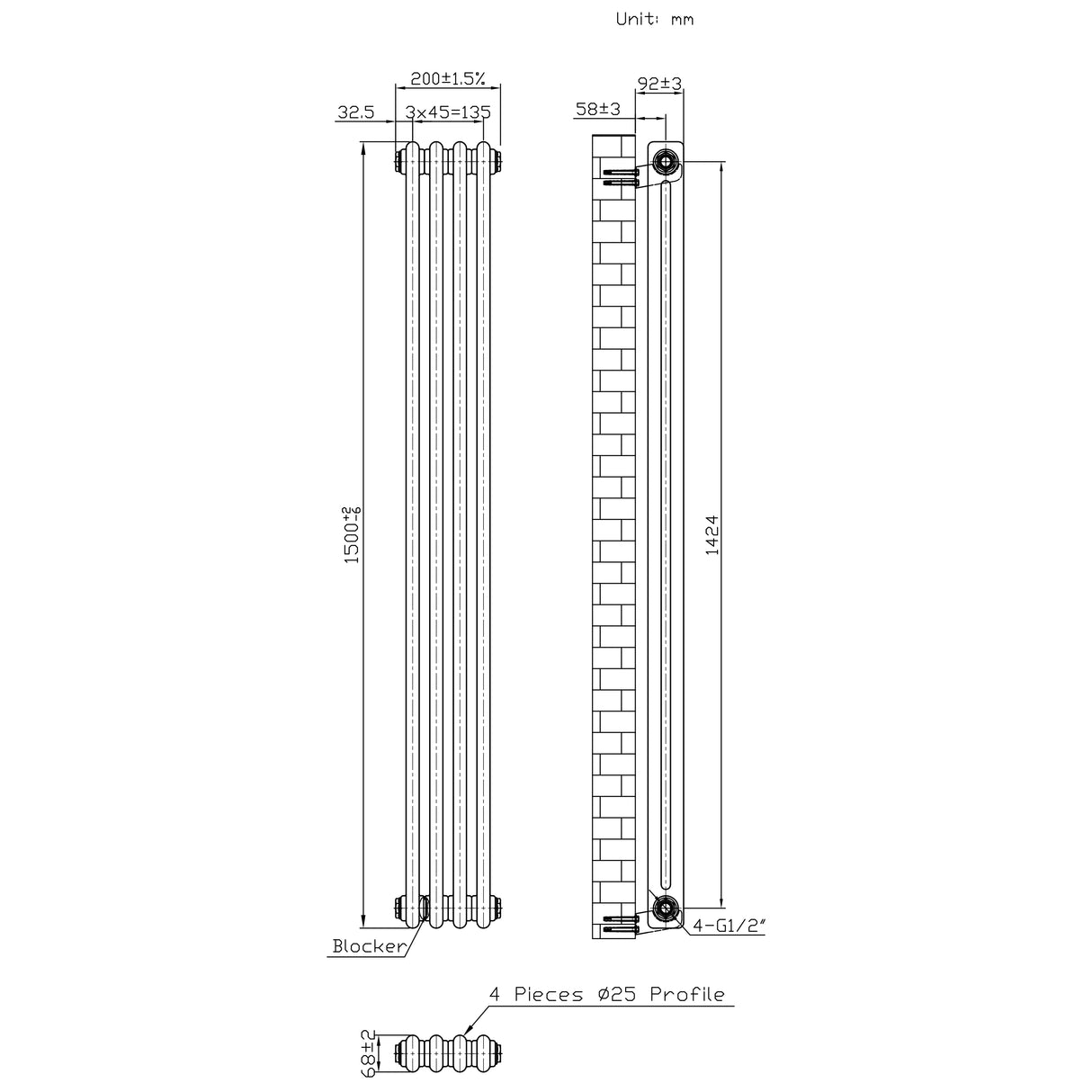 Traditionell 2-kolumnsradiator med ventiler – 1500 x 200 mm – Råmetall