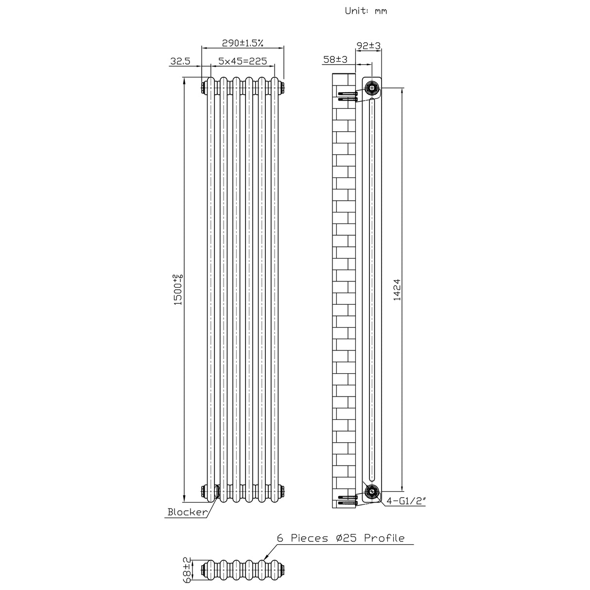 Traditionell 2-kolumnsradiator med ventiler – 1500 x 290 mm – Råmetall