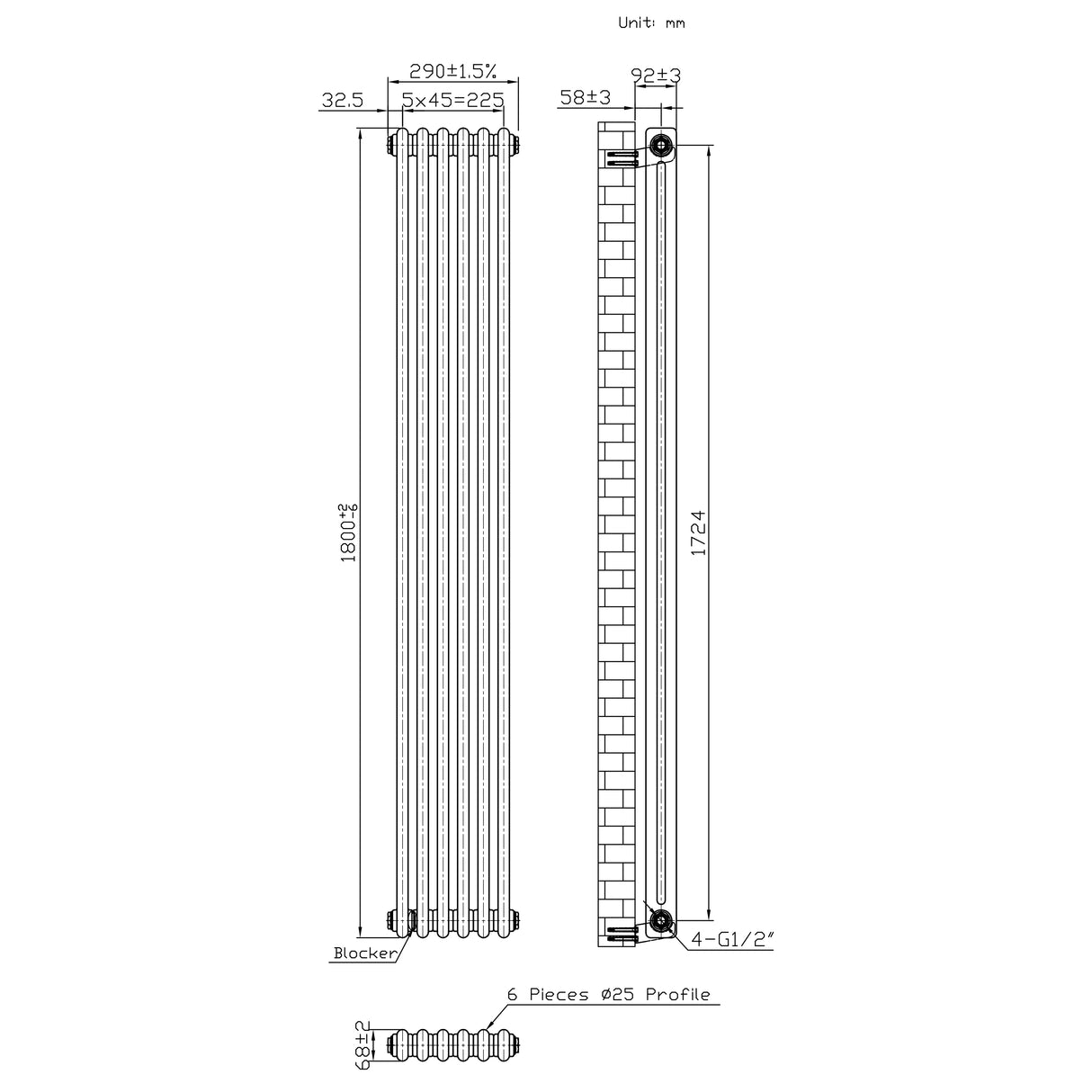 Traditionell 2-kolumnsradiator med ventiler – 1800 x 290 mm – Råmetall