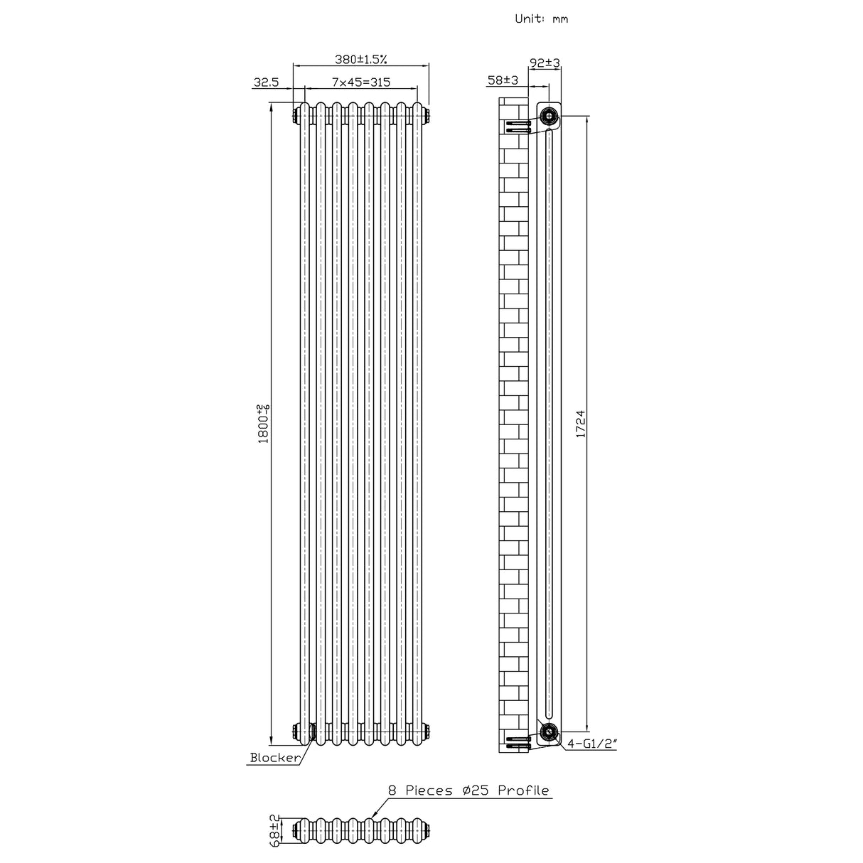Traditionell 2-kolumnsradiator med ventiler – 1800 x 380 mm – Råmetall