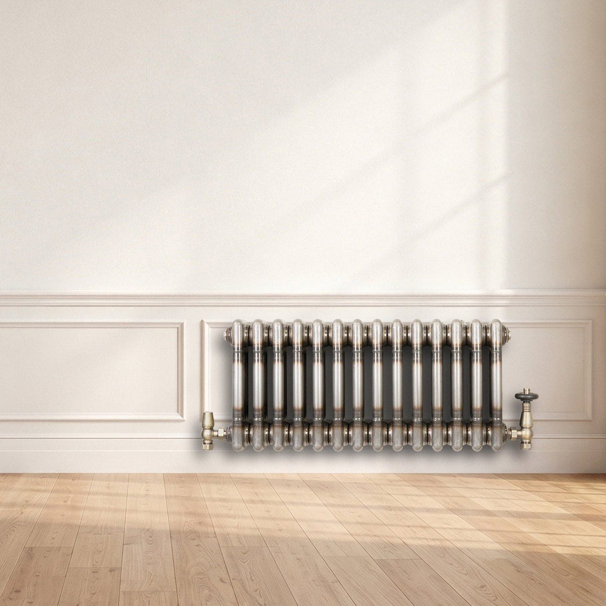 Traditionell 3-kolumnsradiator med ventiler – 300 x 650 mm – Råmetall