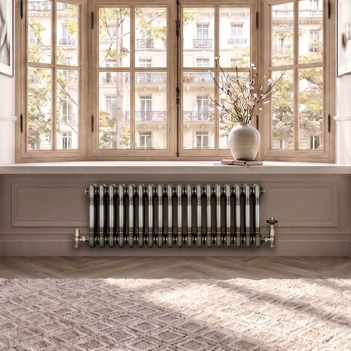 Traditionell 3-kolumnsradiator med ventiler – 300 x 830 mm – Råmetall