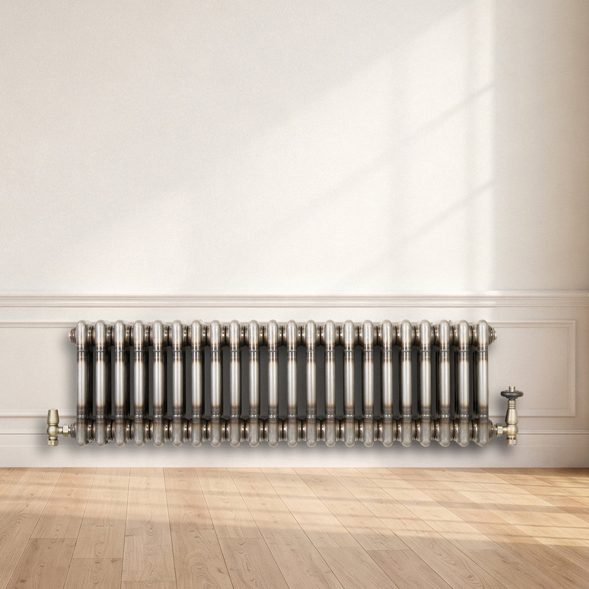 Traditionell 3-kolumnsradiator med ventiler – 300 x 1010 mm – Råmetall