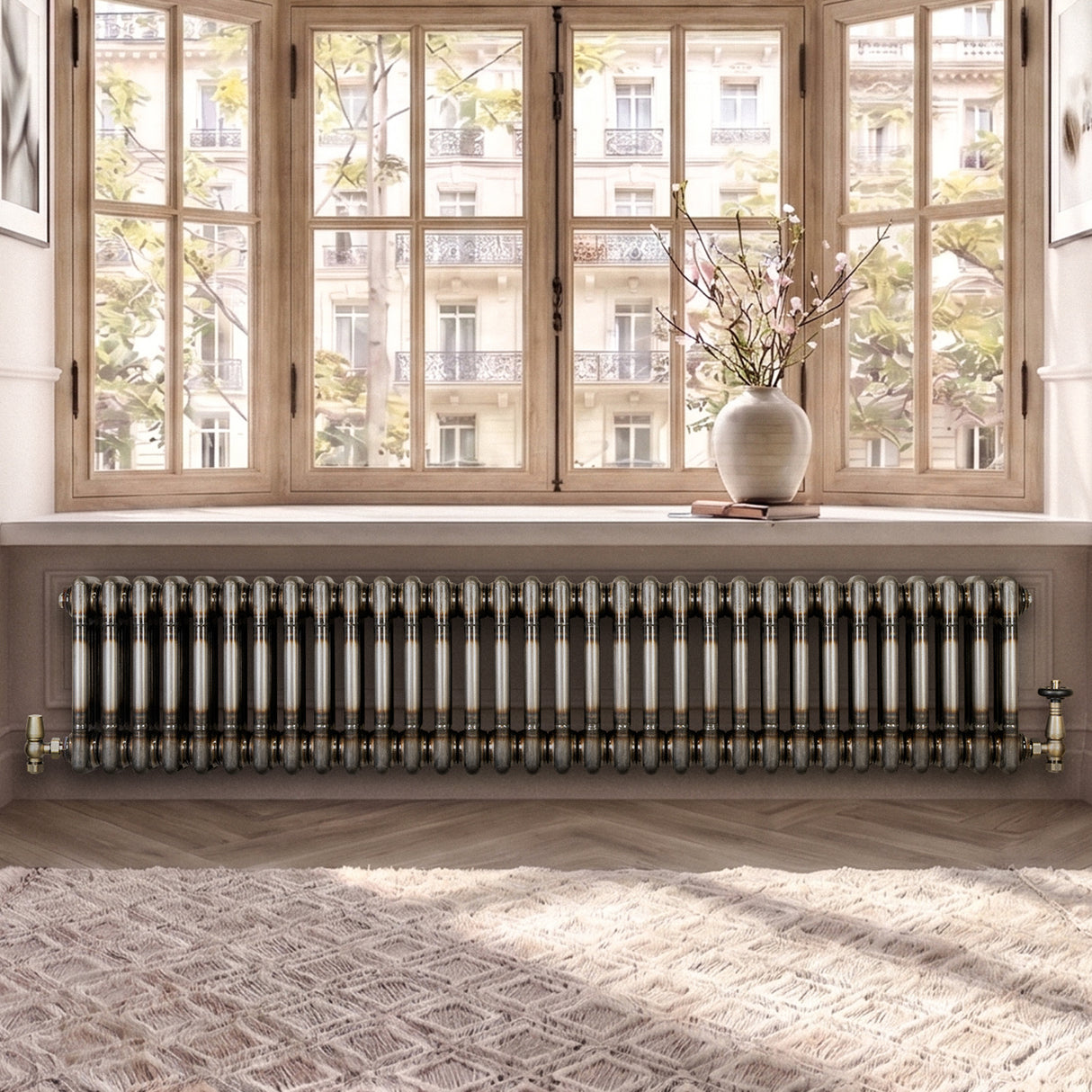 Traditionell 3-kolumnsradiator med ventiler – 300 x 1460 mm – Råmetall