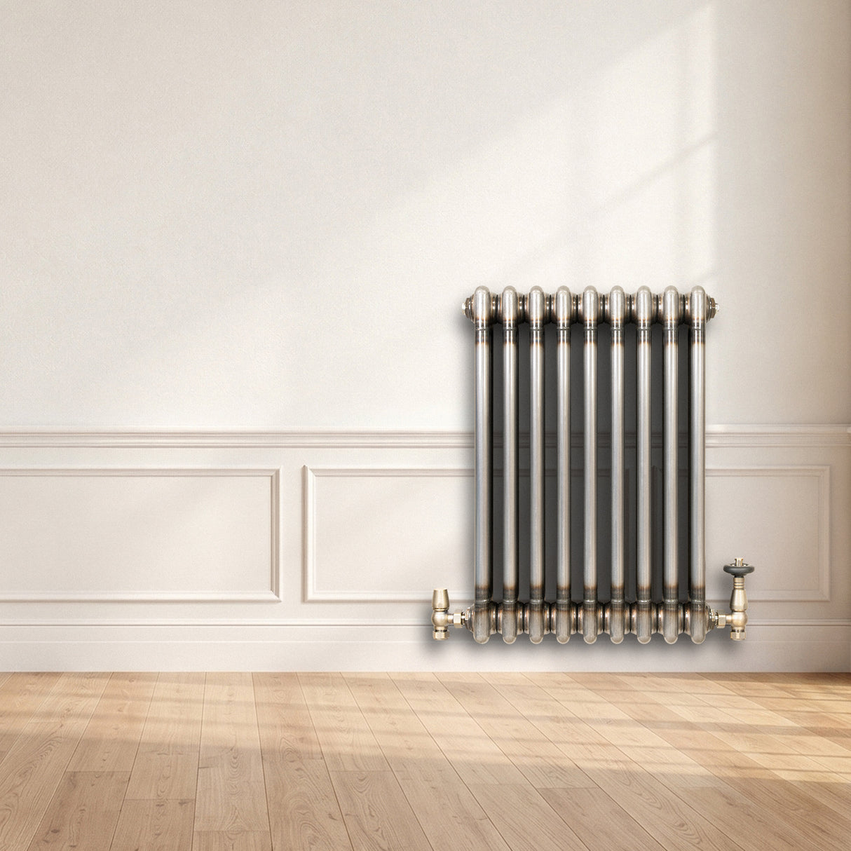 Traditionell 3-kolumnsradiator med ventiler – 600 x 425 mm – Råmetall