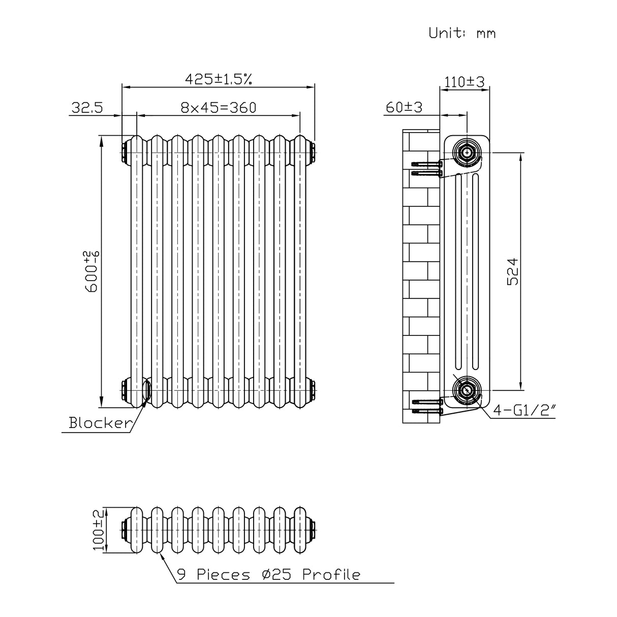 Traditionell 3-kolumnsradiator med ventiler – 600 x 425 mm – Råmetall