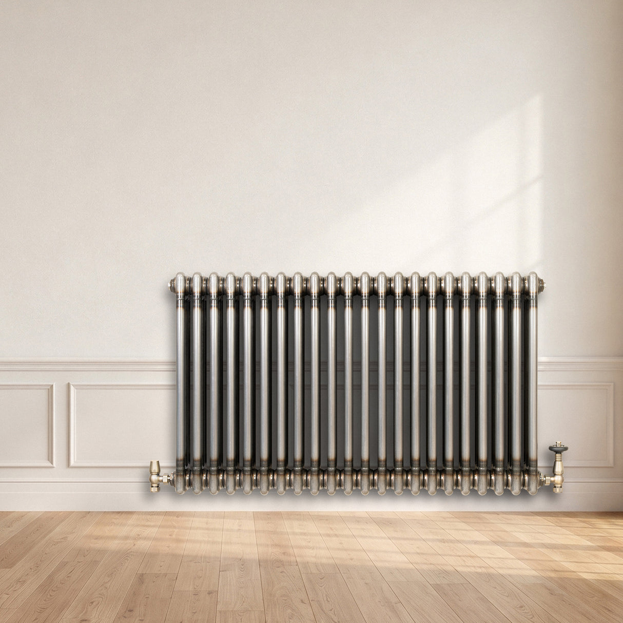Traditionell 3-kolumnsradiator med ventiler – 600 x 1010 mm – Råmetall