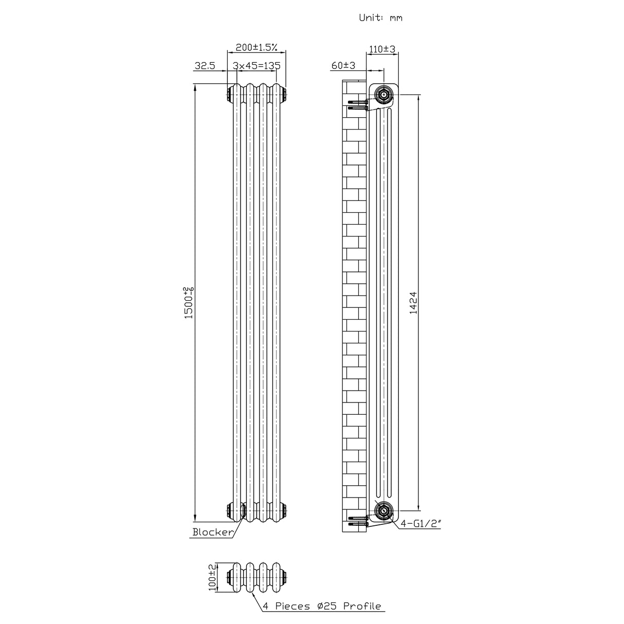 Traditionell 3-kolumnsradiator med ventiler – 1500 x 200 mm – Råmetall