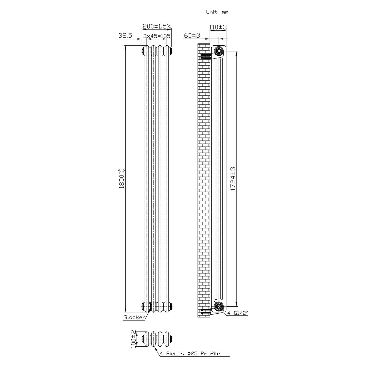 Traditionell 3-kolumnsradiator med ventiler – 1800 x 200 mm – Råmetall