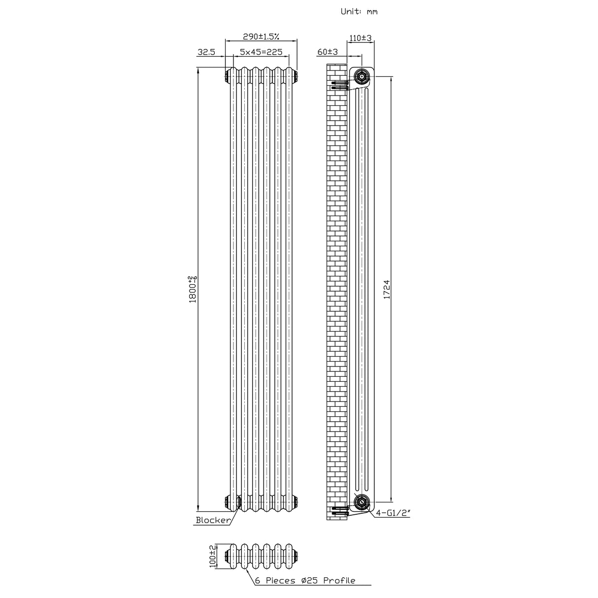Traditionell 3-kolumnsradiator med ventiler – 1800 x 290 mm – Råmetall