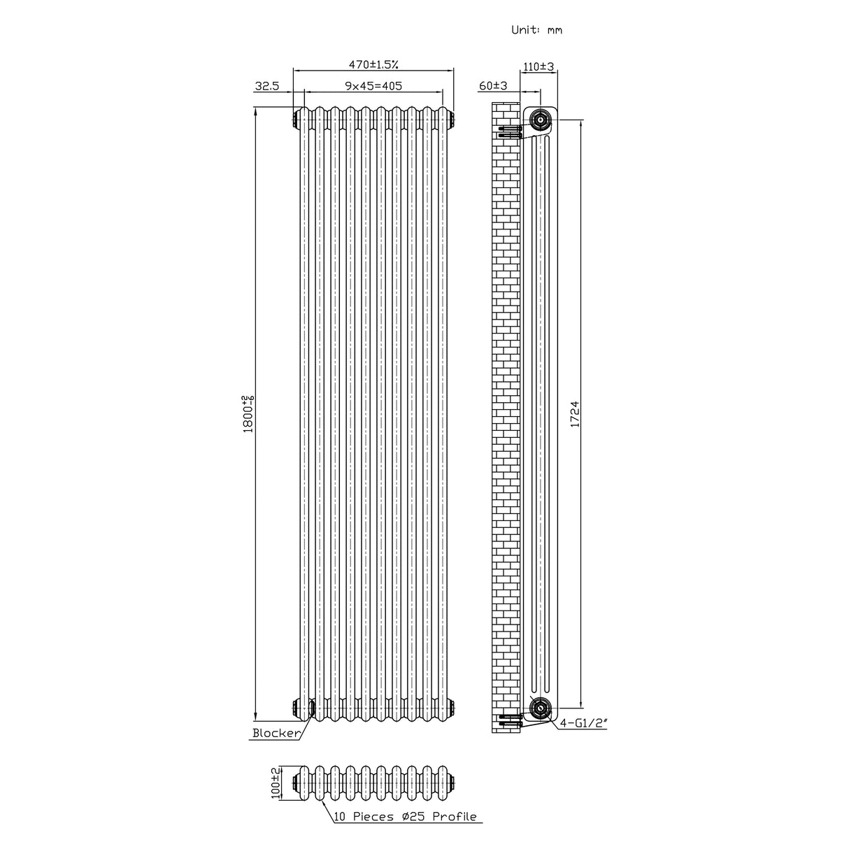 Traditionell 3-kolumnsradiator med ventiler – 1800 x 470 mm – Råmetall