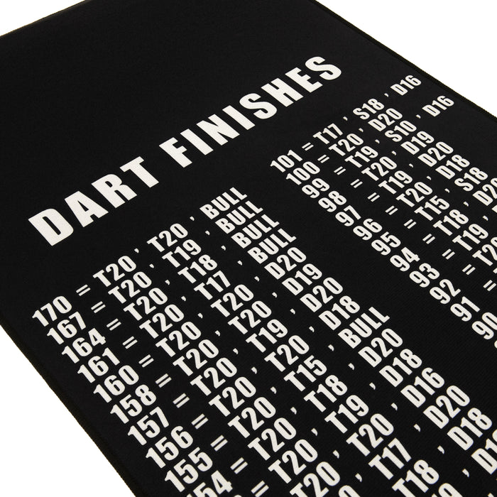 Svart dartmatta med vit text som visar olika dartavslutningar och poäng, tydlig och lättläst design för spelare