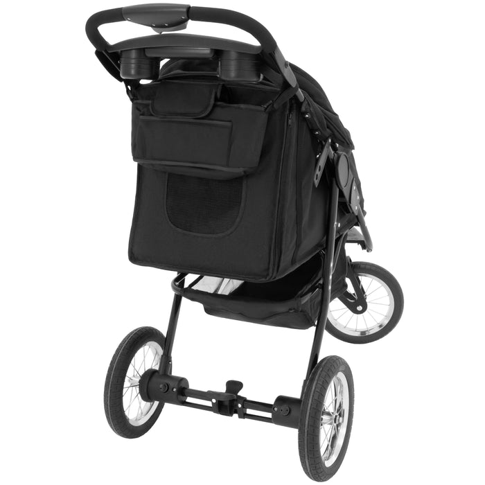 Svart barnvagn med stora hjul, rymlig bakficka och justerbart handtag, perfekt för promenader och aktiva familjer