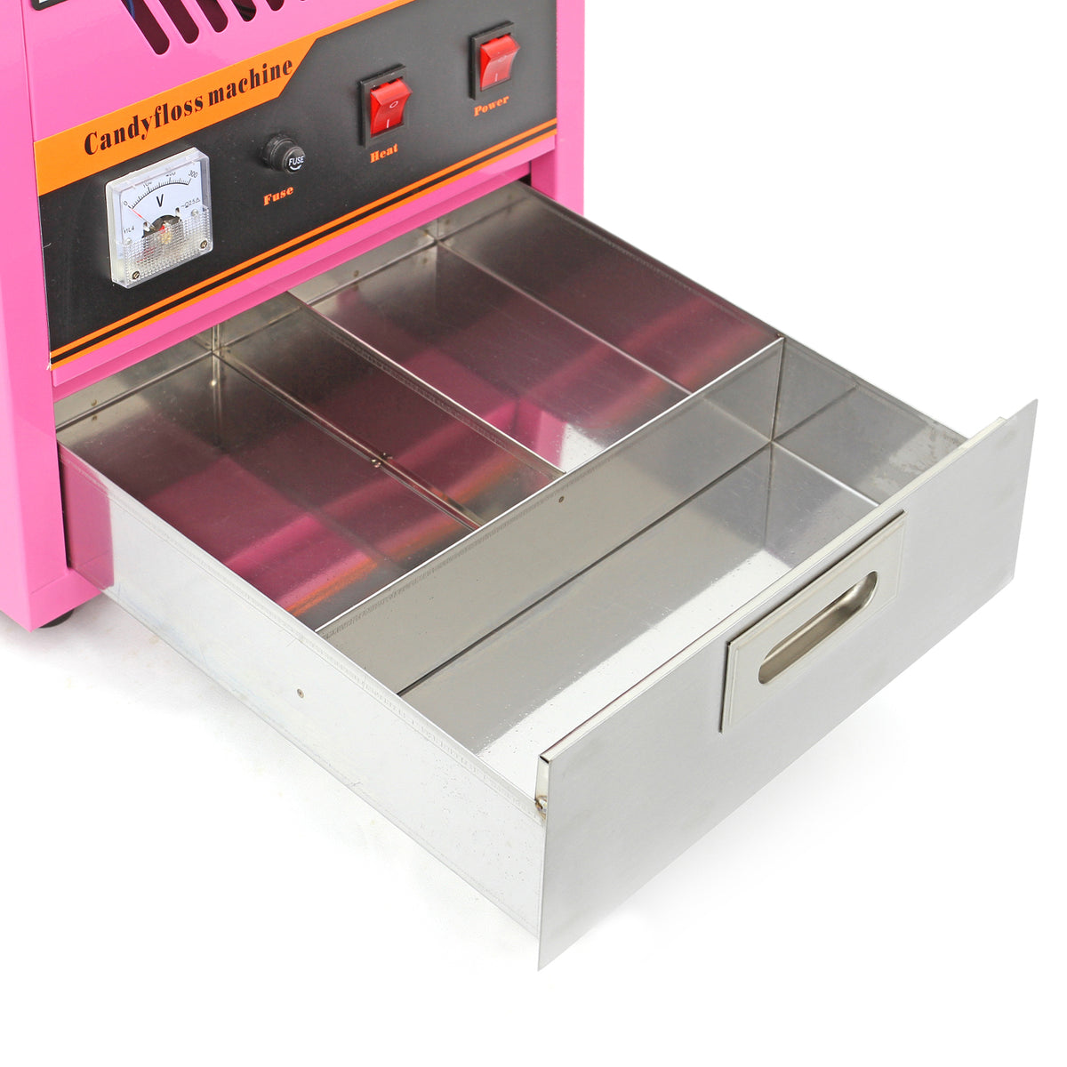 Rosa sockervaddsmaskin med metallisk låda, knappar och mätare, perfekt för att skapa fluffig sockervadd hemma eller på evenemang