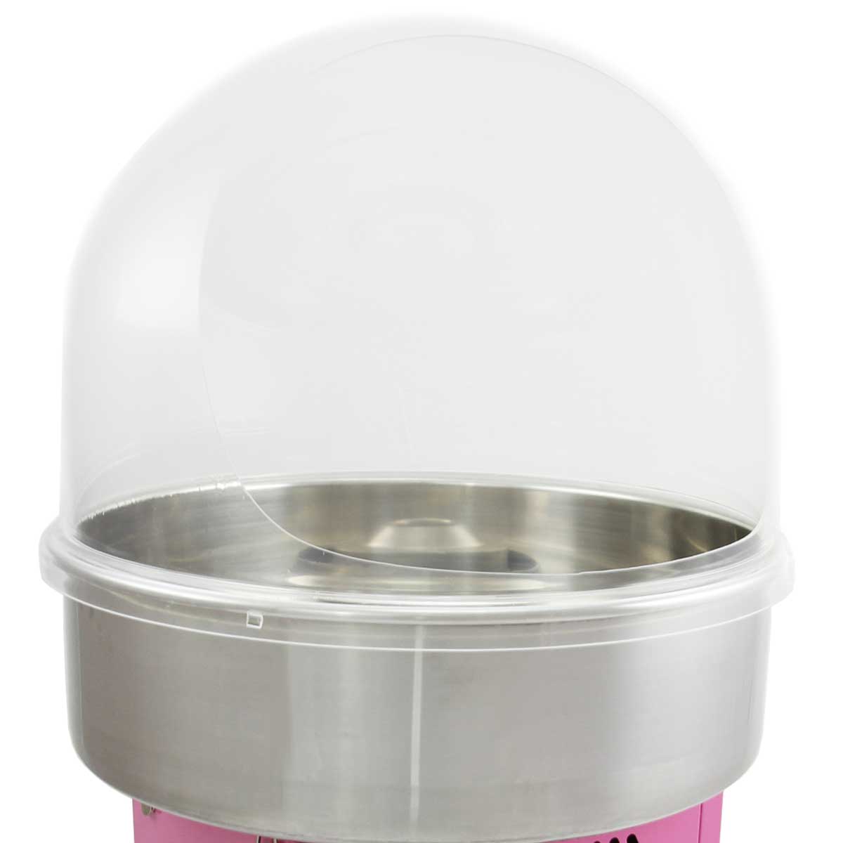 KuKoo sockervaddsmaskin med skyddskupa, rosa och silver, med en glänsande metallskål och genomskinlig plastkupa för skydd