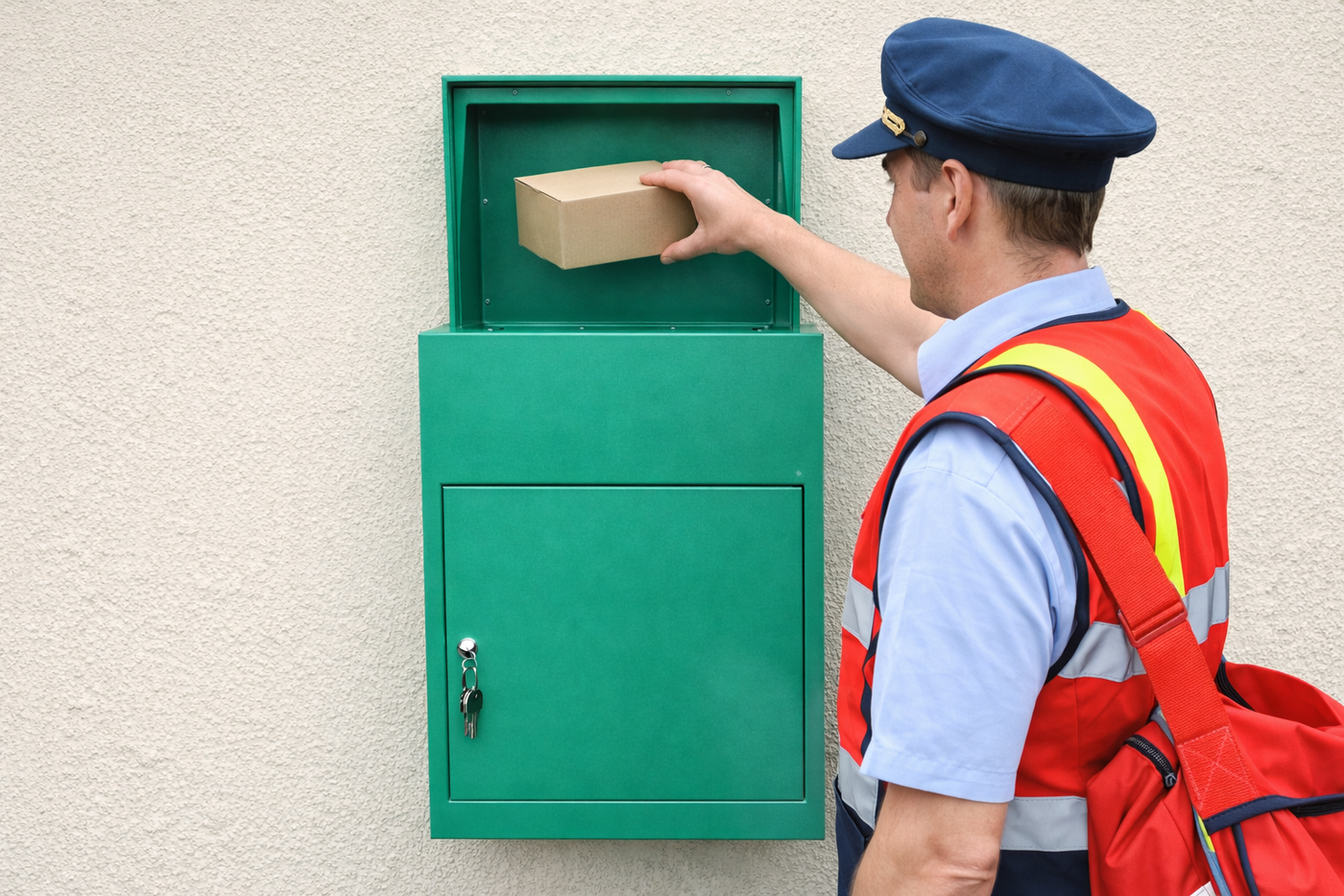 Posttjänsteman i blå hatt och röd väst lägger ett brunt paket i en grön postlåda mot en ljus vägg