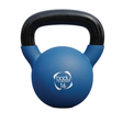 Blå kettlebell på 16 kg med svart gummihandtag och neoprenöverdrag, perfekt för styrketräning och fitnessövningar