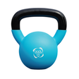 Kettlebell i ljusblå färg med svart handtag och neoprenöverdrag, vikt 12 kg, rund form och slät yta för bra grepp