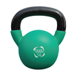 Neopren kettlebell på 14 kg i grön färg med svart handtag, rund form och slät yta för ett bra grepp under träning