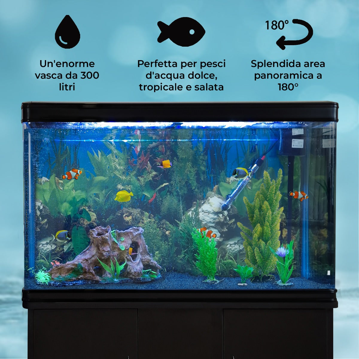 Akvarium med Svart Skåp & Blå Sand