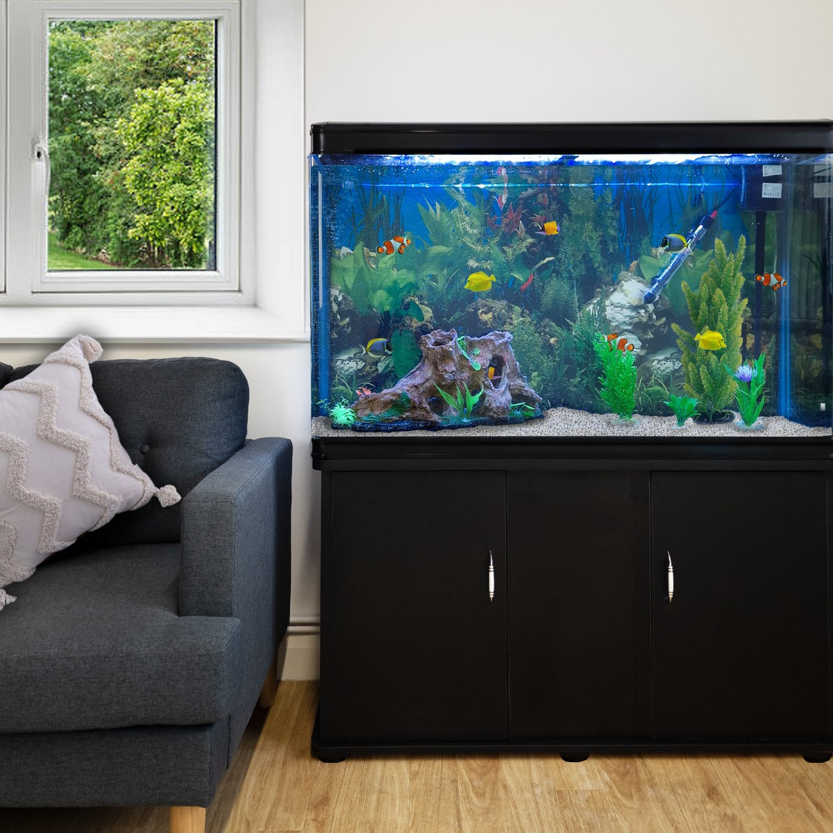 Akvarium med Svart Skåp & Vit Sand