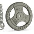 Gjutjärnsviktskiva med tri-grip design, grå färg, tydlig viktmarkering på 20 kg, perfekt för styrketräning och gymutrustning