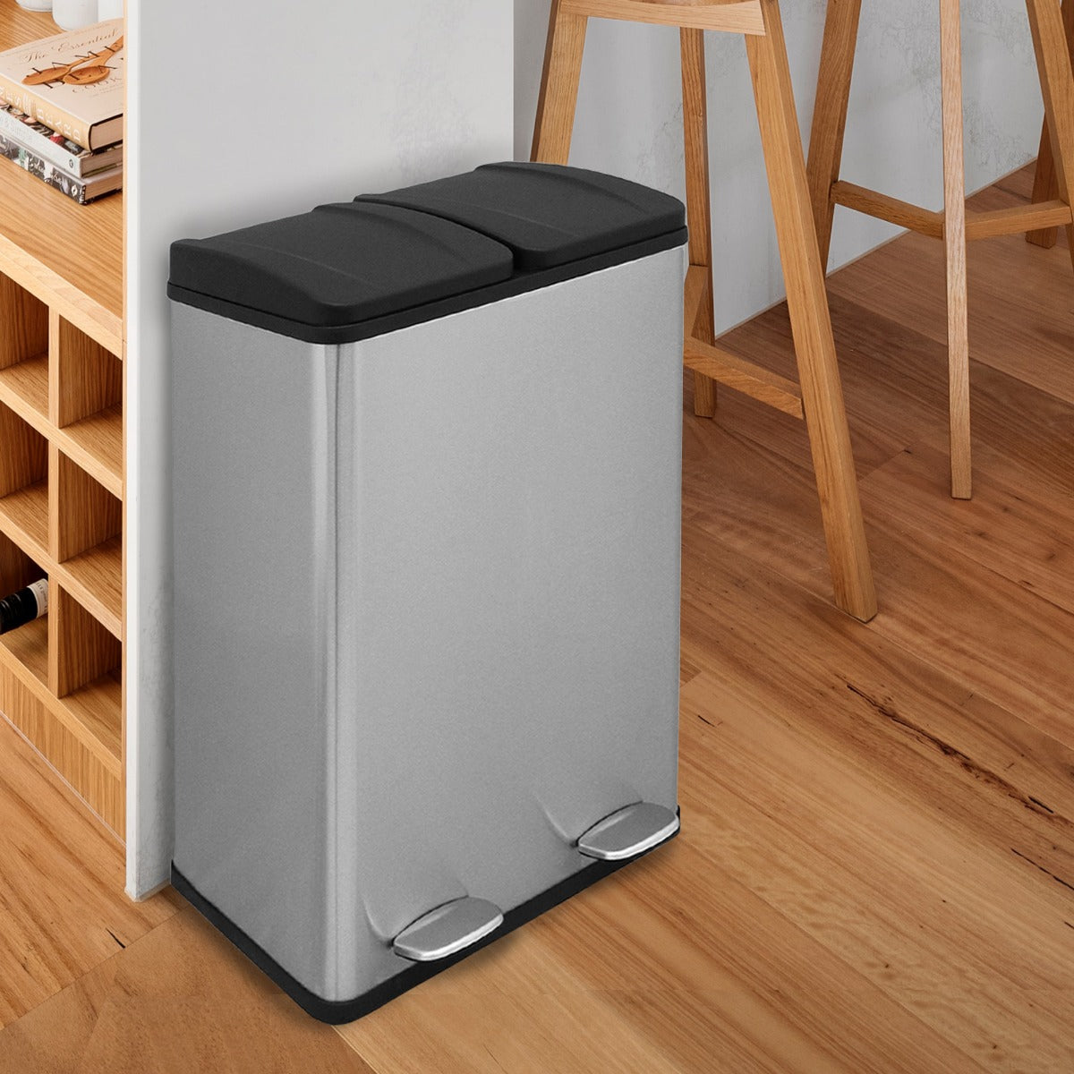 60 L Dubbla Soptunnor med pedaler | Silver
