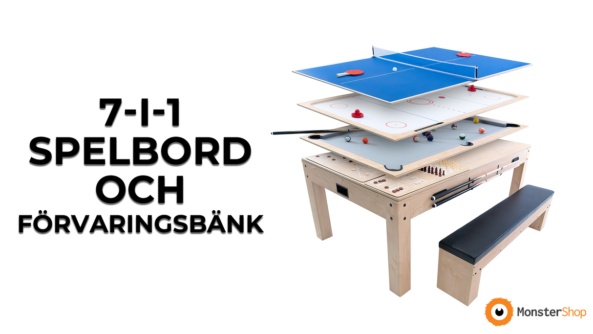 7-i-1 Spelbord med Förvaringsbänk – Ek